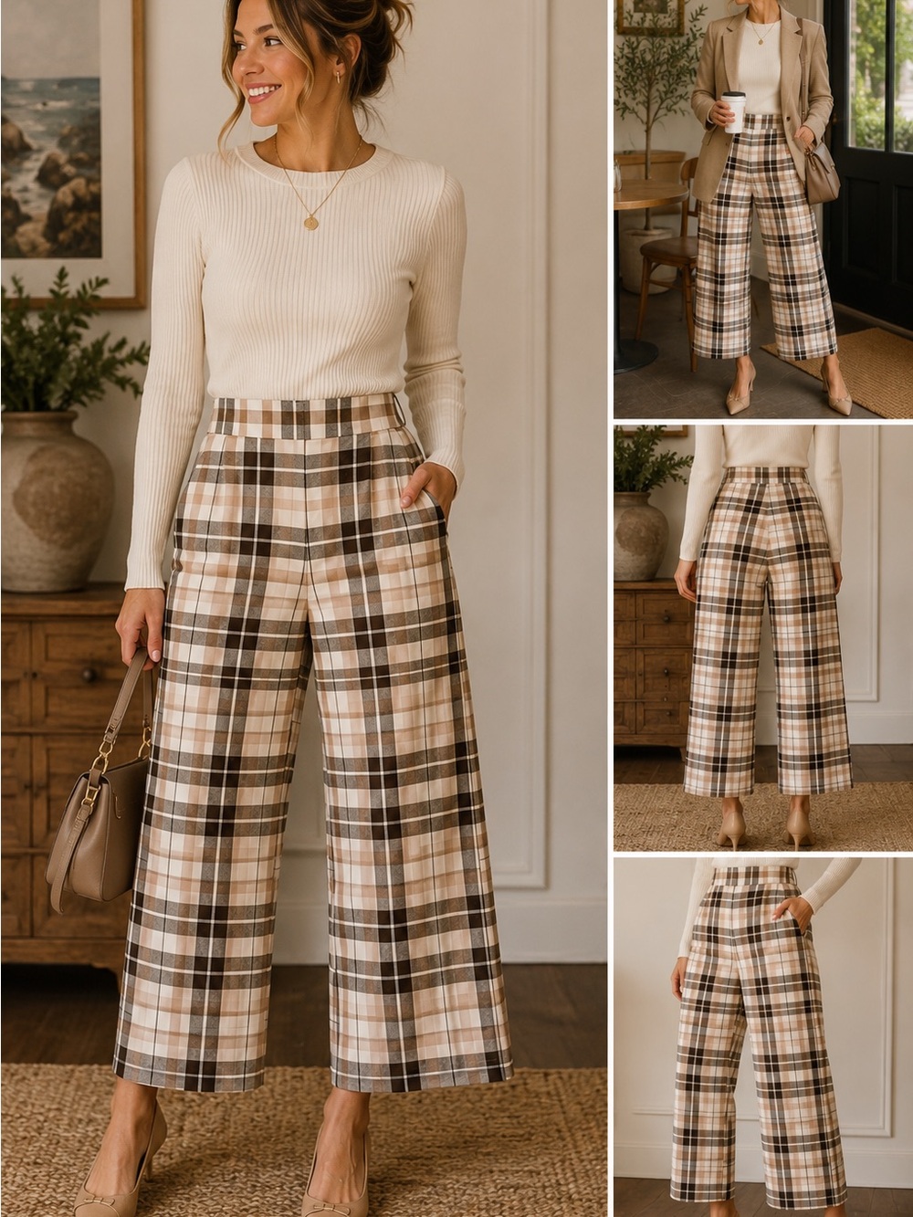Plaid Wide Leg Crop Pants Neutral Beige Brown High Rise Trouser Career Casual